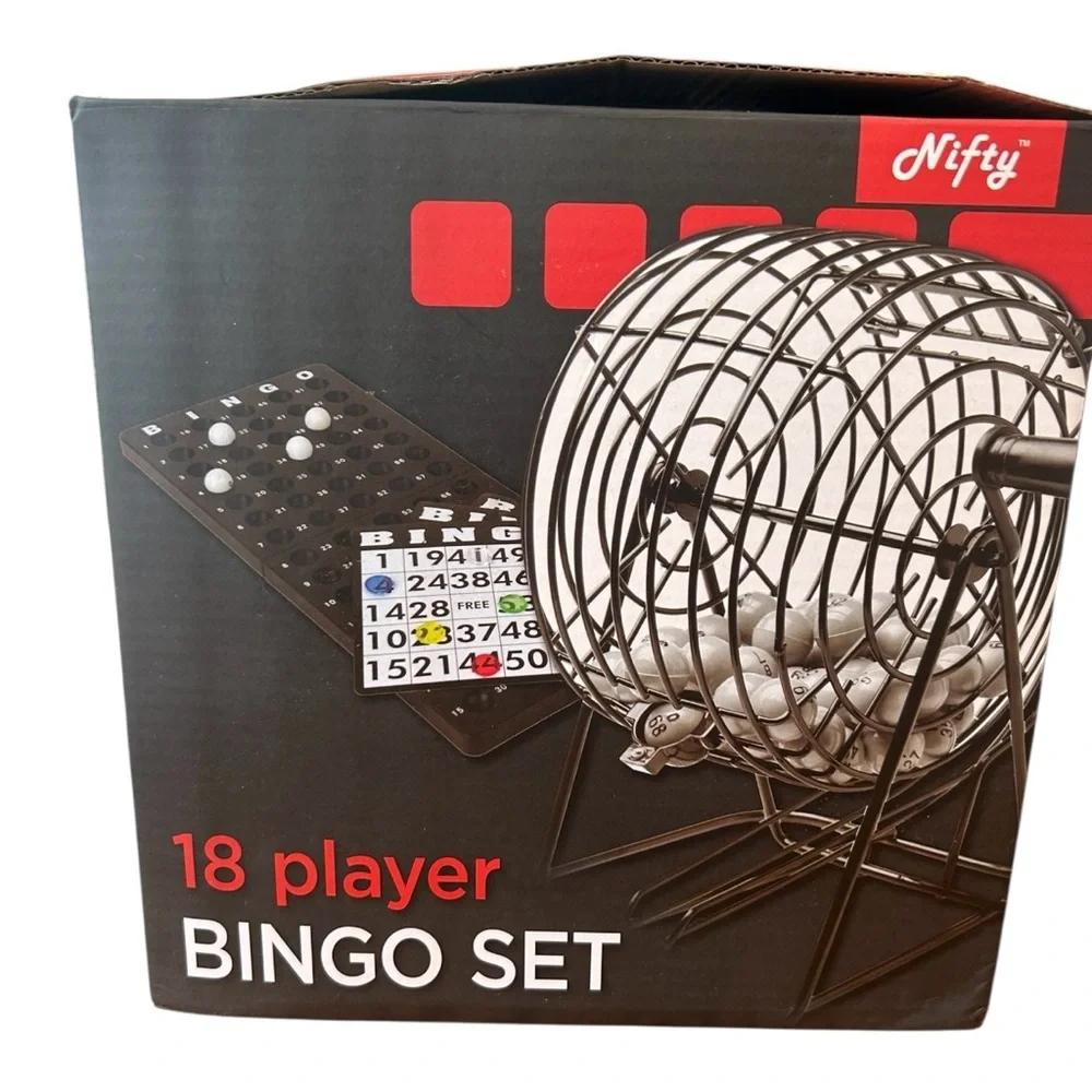 Nifty 18 Player Bingo Set Set Metal Cage Cards Board Tray NO CHIPS New Cards